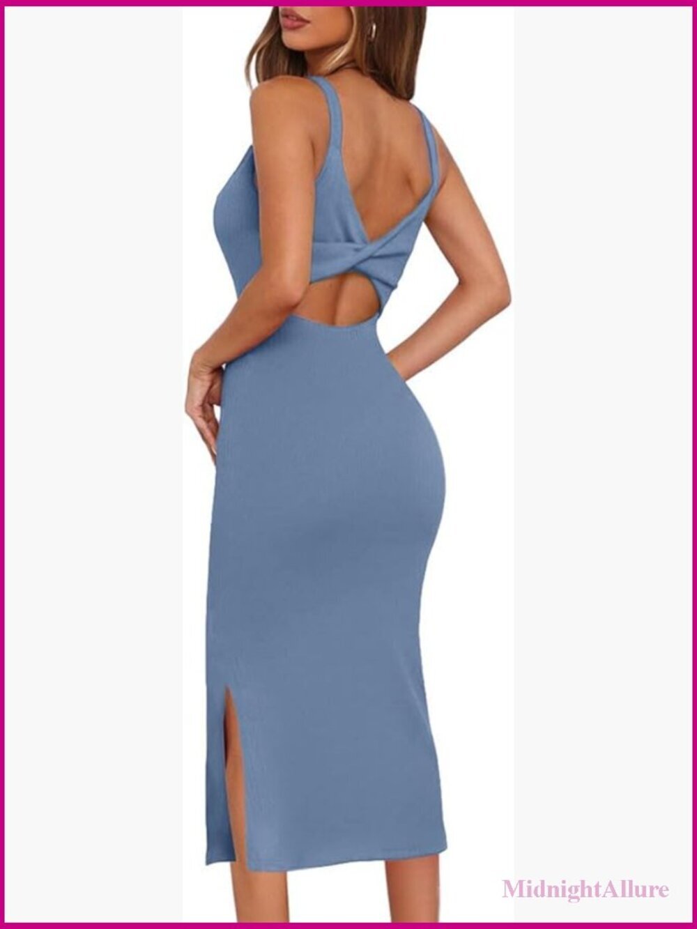 Sleeveless Twist Backless Ribbed Side Split Bodycon Midi Dress